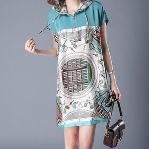 Blue Pattern Dress with Hood